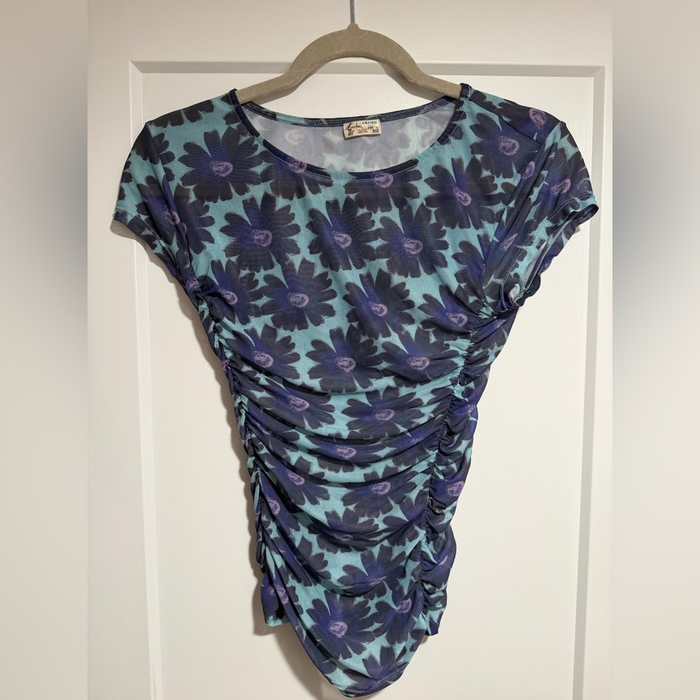 Free People Floral Blue and Purple Women's Sheer Top